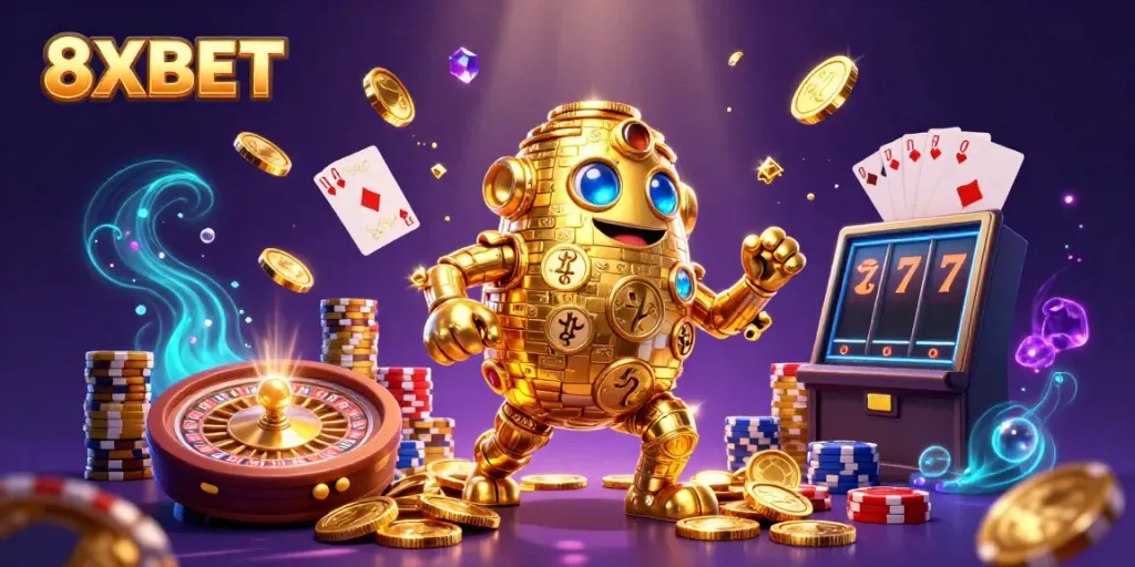 Join the excitement at 8XBET with golden golem and glittering casino elements swirling in a dynamic scene.