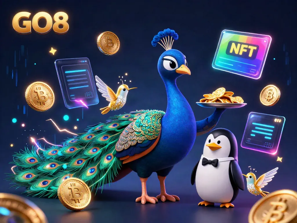 Engage in gaming excitement with GO8 featuring a vibrant peacock and penguin amidst crypto coins.