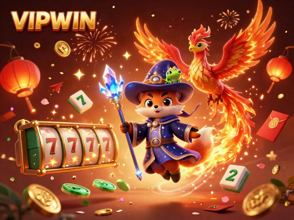 Engage with VIPWIN's thrilling casino experience alongside a wizard fox, phoenix, and magical elements.