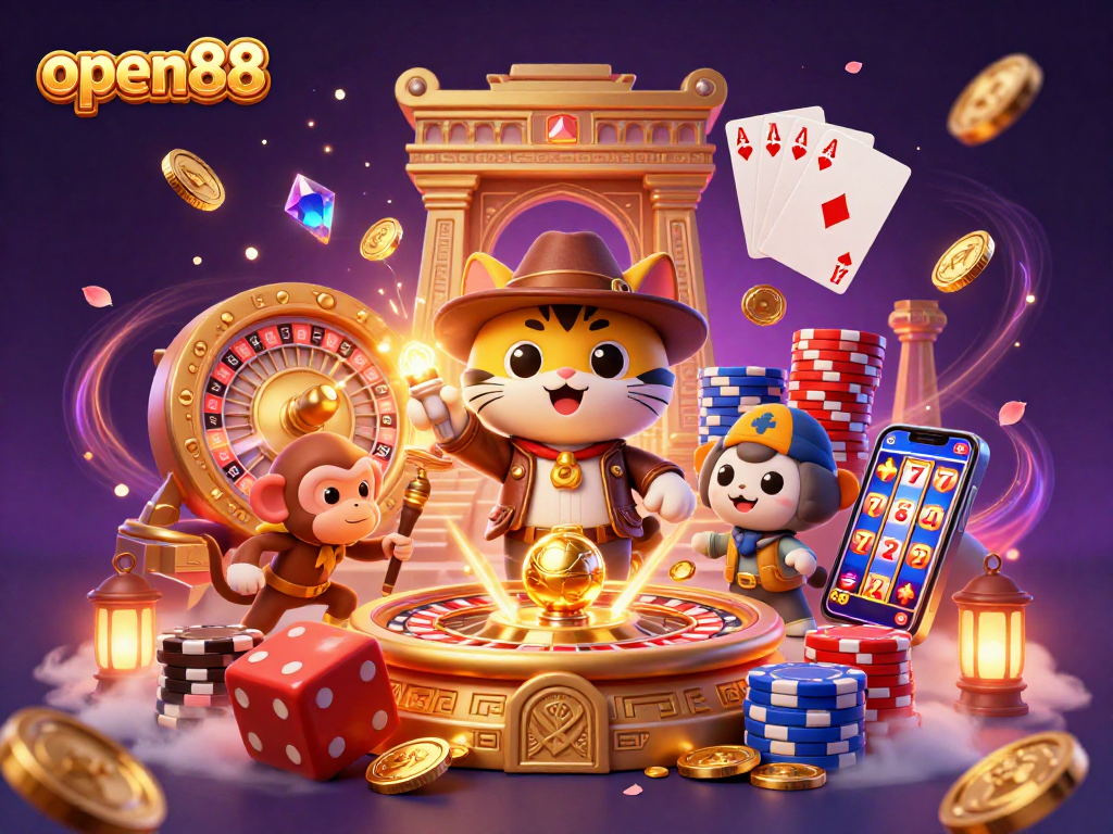 Engage with open88’s vibrant 3D casino scene featuring an archaeologist cat exploring treasure.