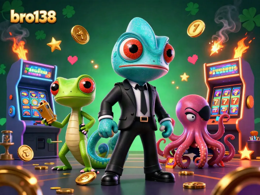 Spin vibrant slots and win at bro138 with a dynamic casino scene featuring colorful characters.