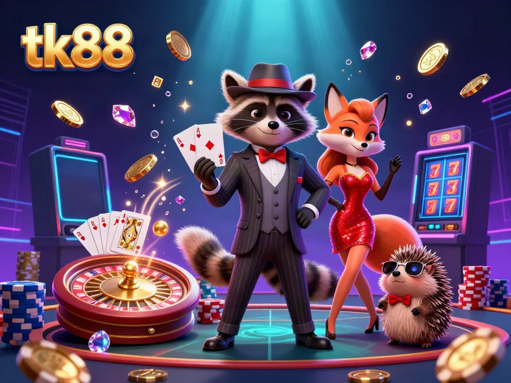 Experience the excitement of tk88 as a suave raccoon and a charming fox celebrate a royal flush amidst a backdrop of colorful casino elements.