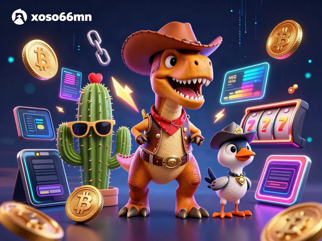 Play slots with xoso66mn featuring a cowboy dinosaur and vibrant casino elements.