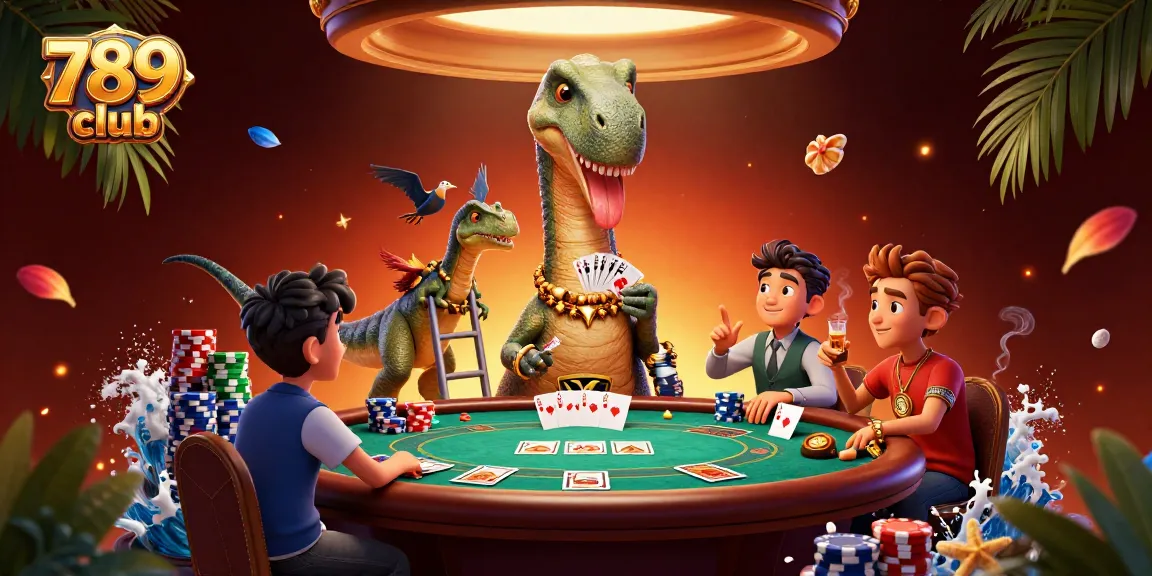 Enjoy thrilling poker action at 789club with animated dinosaurs and vibrant casino elements.