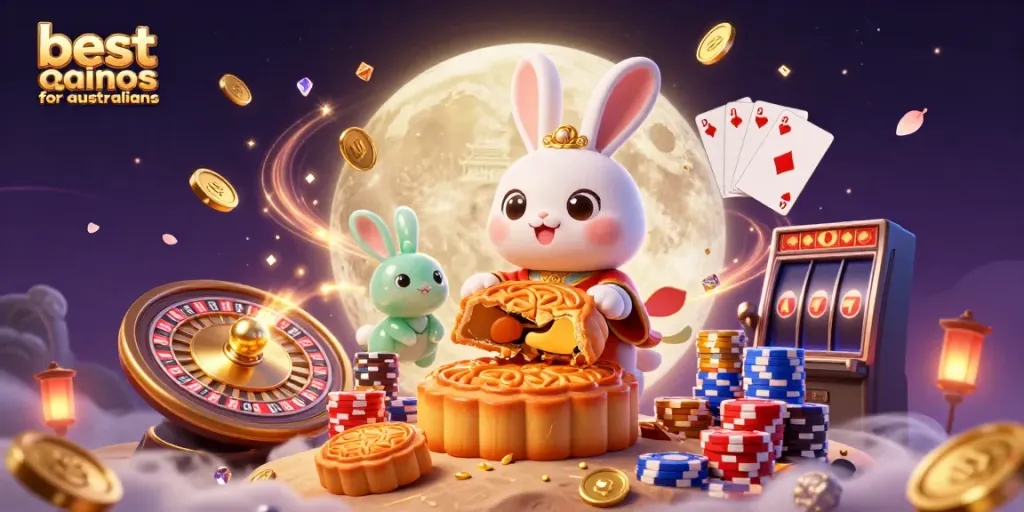 Experience the allure of the best mac casinos for australians with this vivid illustration of a moon rabbit amid gambling elements.