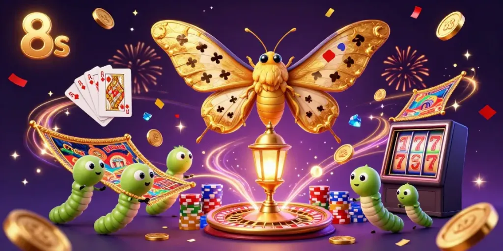 Experience the thrilling world of 8s with vibrant golden casino elements and a majestic atlas moth showcasing luck.