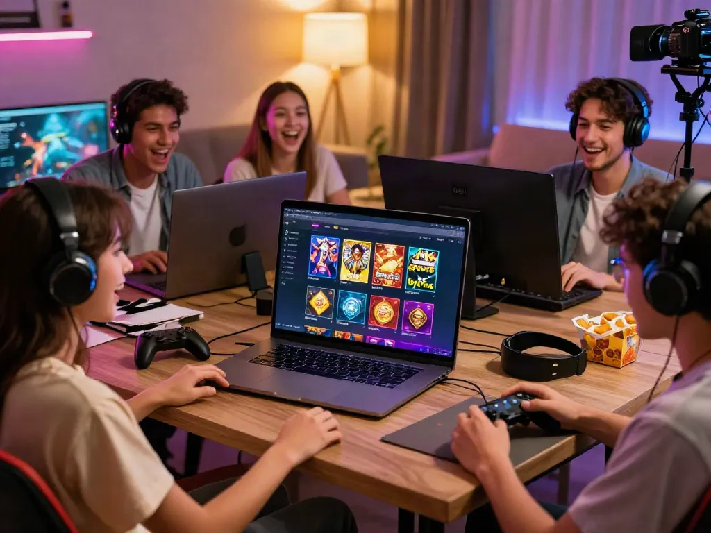 Online gaming players engaging with Gem88 platform on laptops, showcasing vibrant game icons.