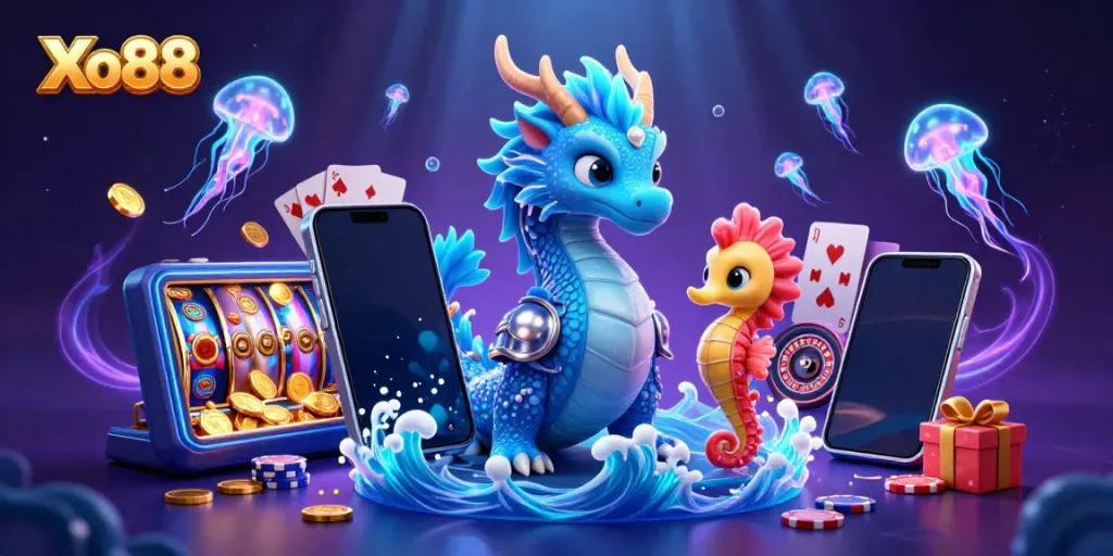 Engage with the vibrant Xo88 casino world filled with a dragon, seahorse knight, and glowing jellyfish.