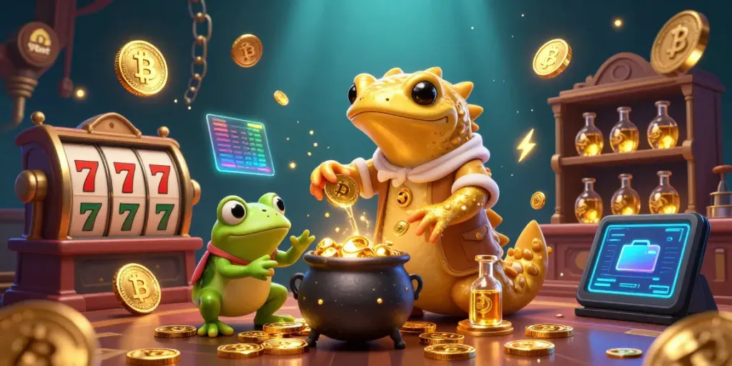 Join the excitement with 9bet's dynamic casino scene featuring gold coins, slot machines, and alchemists.