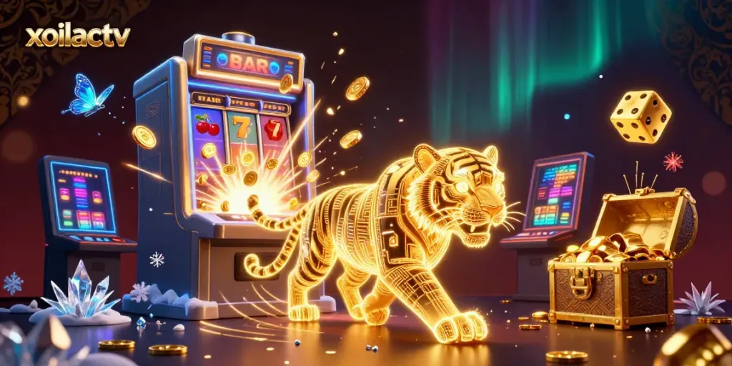 Xoilactv offers an immersive betting experience with a neon tiger in a vibrant digital casino scene.
