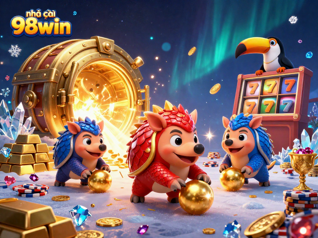 Experience the thrill at nhà cái 98win with lively pangolins enjoying casino games amid sparkling gold treasures.