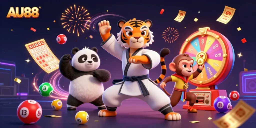 Experience the exciting world of AU88 with a dynamic 3D illustration of a kung fu tiger, panda disciple, and mischievous monkey amidst colorful gambling elements.