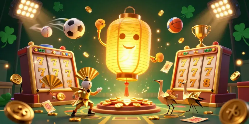 Experience the Lode88 casino magic with a golden lantern spirit floating above lively gaming elements.
