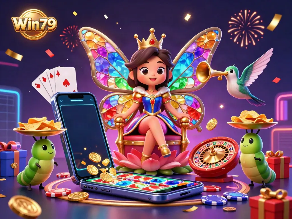 Win79 captivating 3D illustration featuring a butterfly queen on her throne, surrounded by gaming elements like slot games and poker chips.