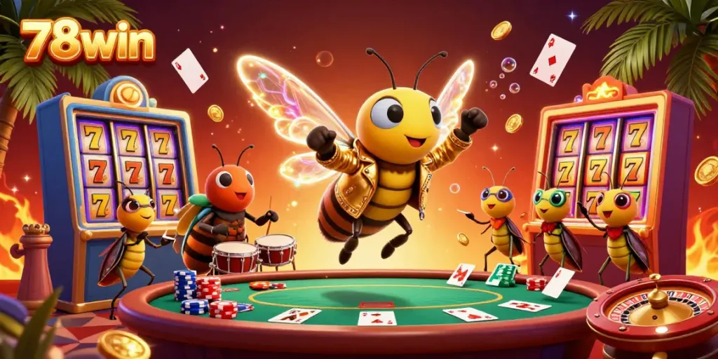 Experience the excitement of 78win with a lively 3D casino scene filled with vibrant characters and jackpot symbols.