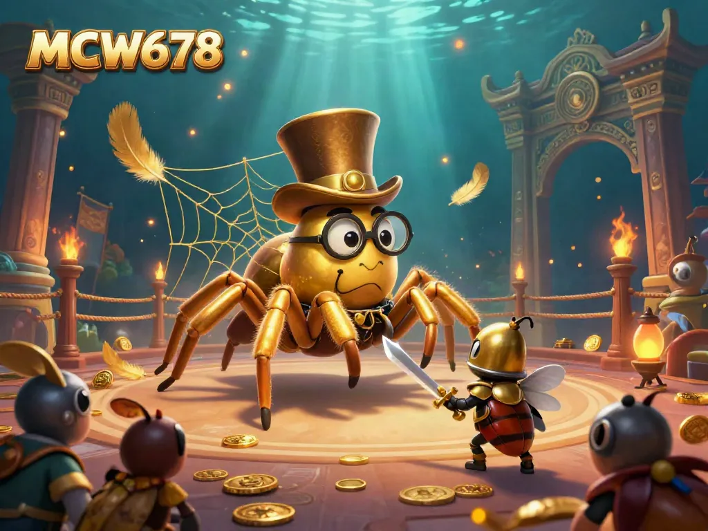 Experience thrilling gambling action at MCW678 with a dynamic casino scene of a giant tarantula and beetle knight.