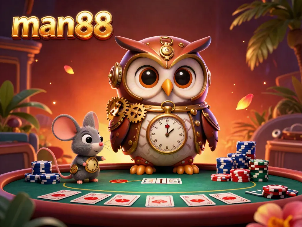 Experience thrilling gaming at man88 with a steampunk owl and vibrant poker elements.