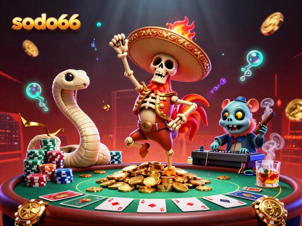 Sodo66 highlights an exciting casino scene with a skeleton mariachi dancing on coins, immersive poker elements.