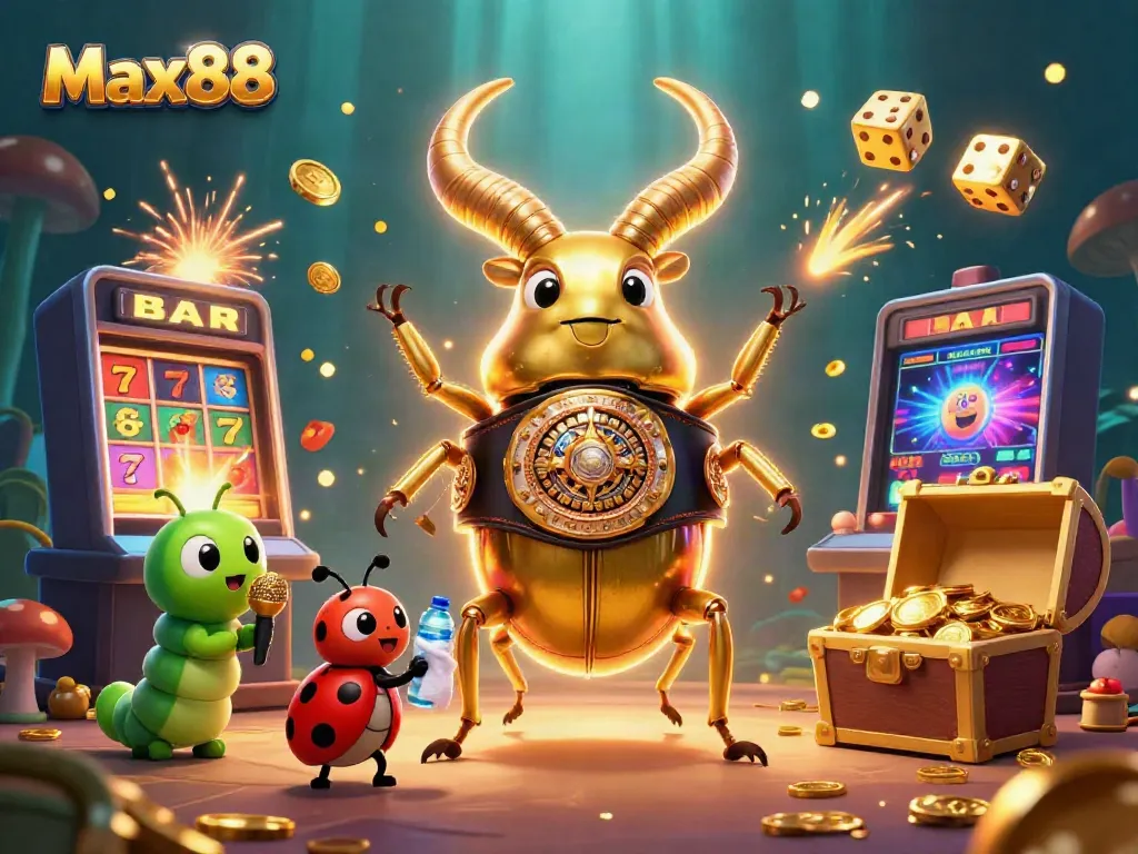 Experience the excitement of Max88 casino games in a vibrant, dynamic 3D scene with iconic symbols and characters.