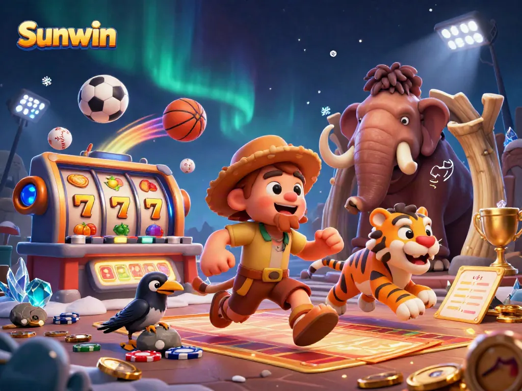 Sunwin casino scene featuring a caveman and sabertooth tiger in a dynamic gambling atmosphere.