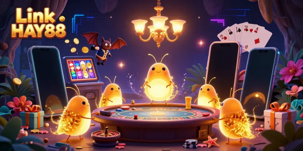 Experience the vibrant cave casino ambiance in Link HAY88 where glowing creatures illuminate gaming excitement.