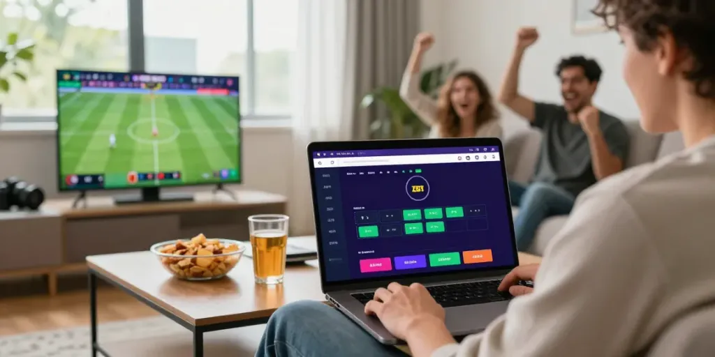 ZBET online betting experience showcasing a lively betting environment with friends, snacks, and vibrant game displays.