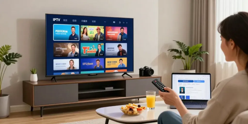 Engaging scene of a person exploring IPTV provider options on a smart TV in a cozy living room.