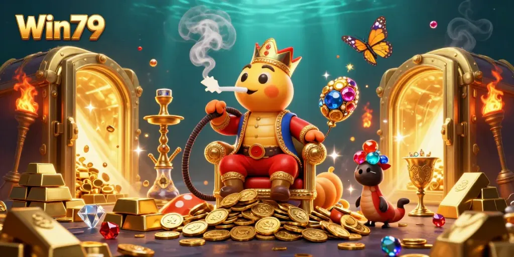Engage with Win79's vibrant gambling atmosphere featuring a caterpillar hookah-master and poker elements.
