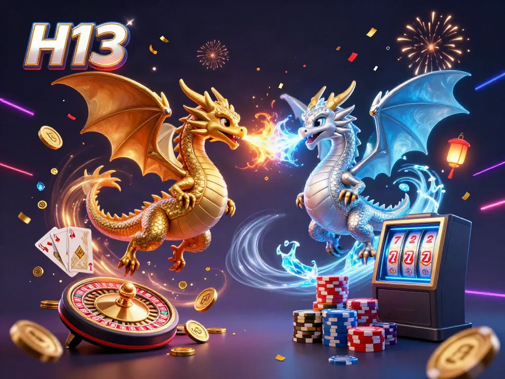 Engage with the thrilling world of H13 featuring majestic dragons in a casino atmosphere, showcasing game elements and vibrant energy.