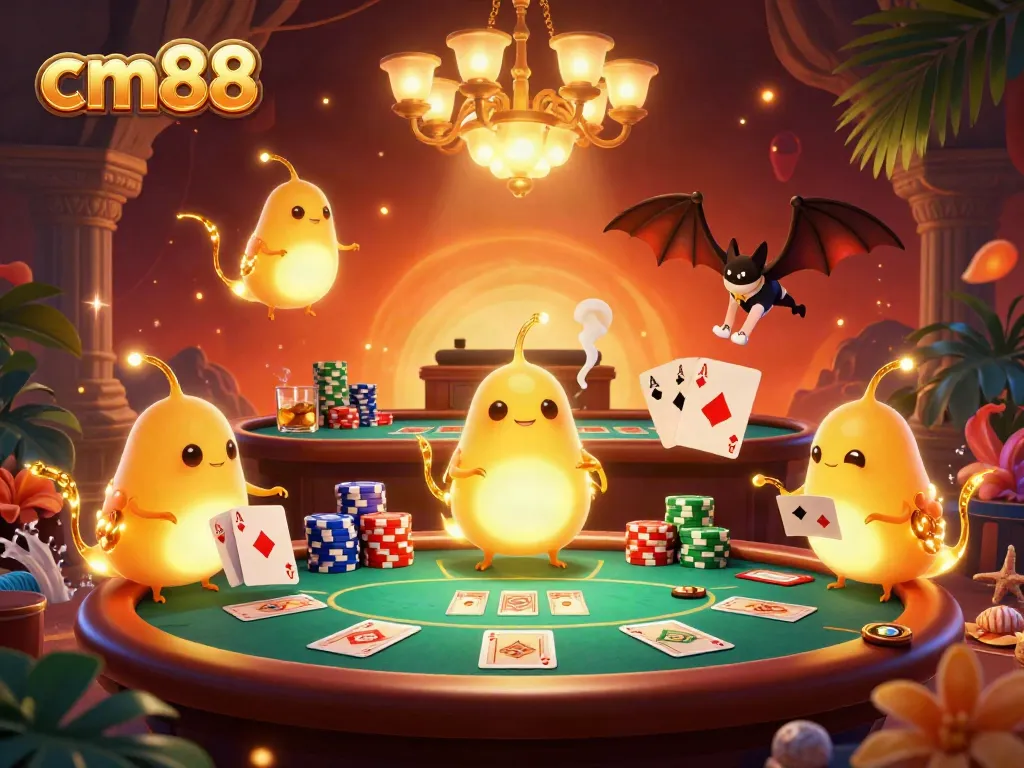 Experience the vibrant energy of cm88's cave casino, brought to life by glowing characters under a dramatic poker scene.
