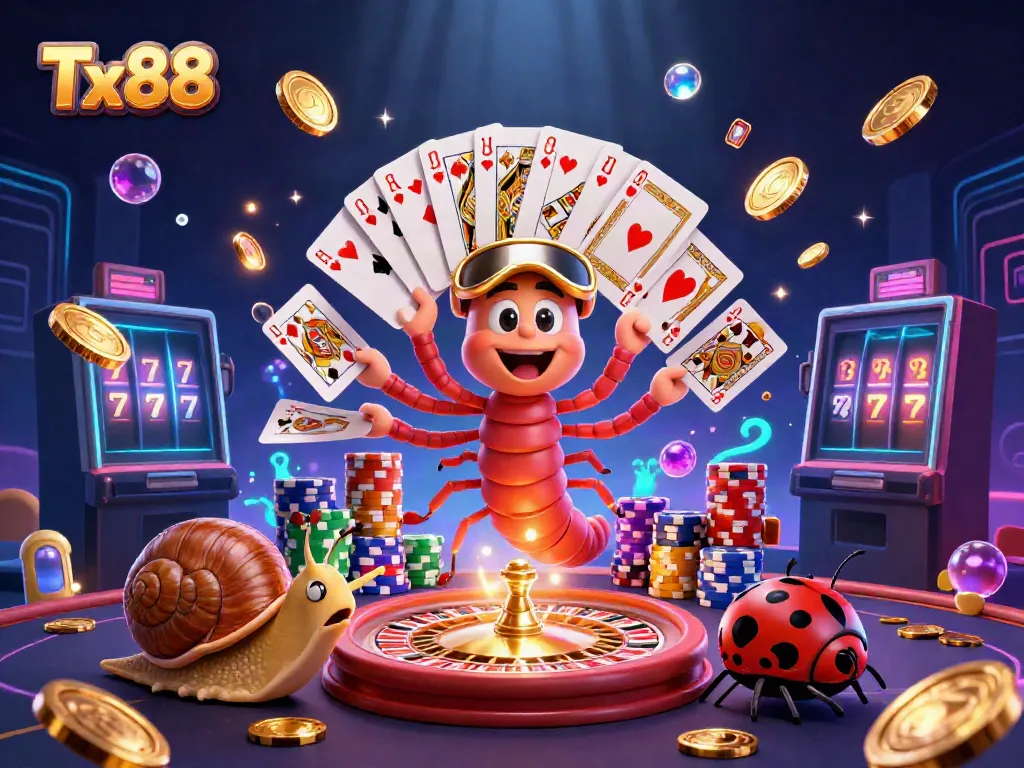 Experience thrilling gameplay at Tx88 with vibrant characters, colorful chips, and exciting casino elements.