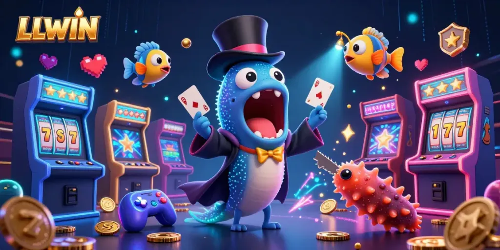 LLWIN highlights vibrant casino themes with bioluminescent characters showcasing dazzling card tricks.