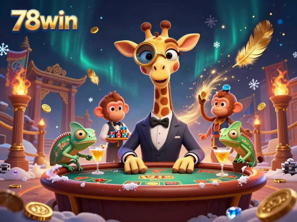 Experience the excitement of 78win with a high-roller giraffe at a VIP poker table amidst dynamic casino elements.