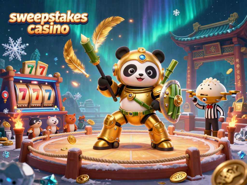 Sweepstakes casino scene illustrating a golden panda in mech suit piloting a bamboo robot amidst dynamic gaming elements.