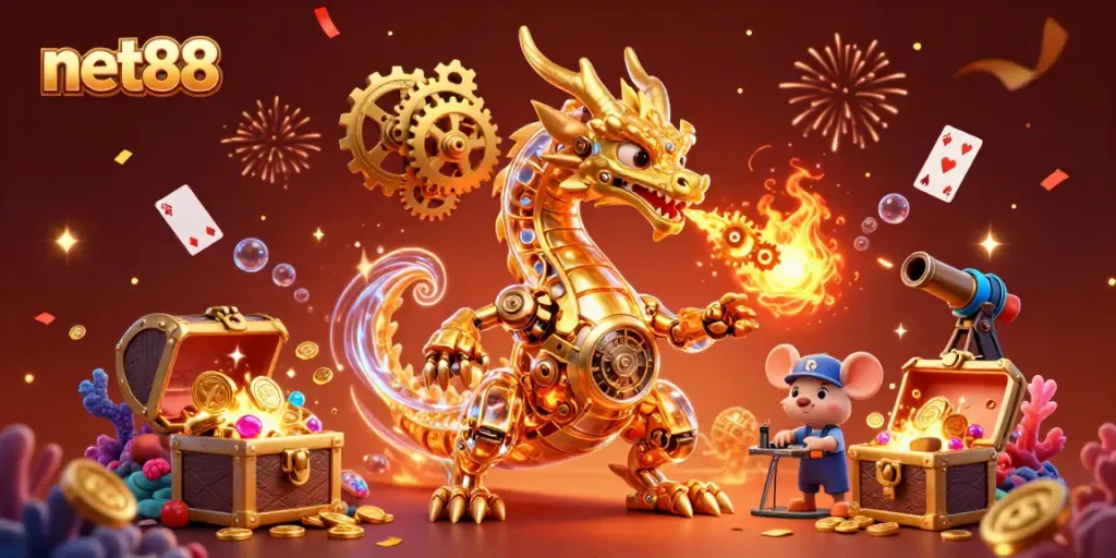 Experience the thrilling world of net88 with a golden dragon amidst treasures and chaotic casino vibes.