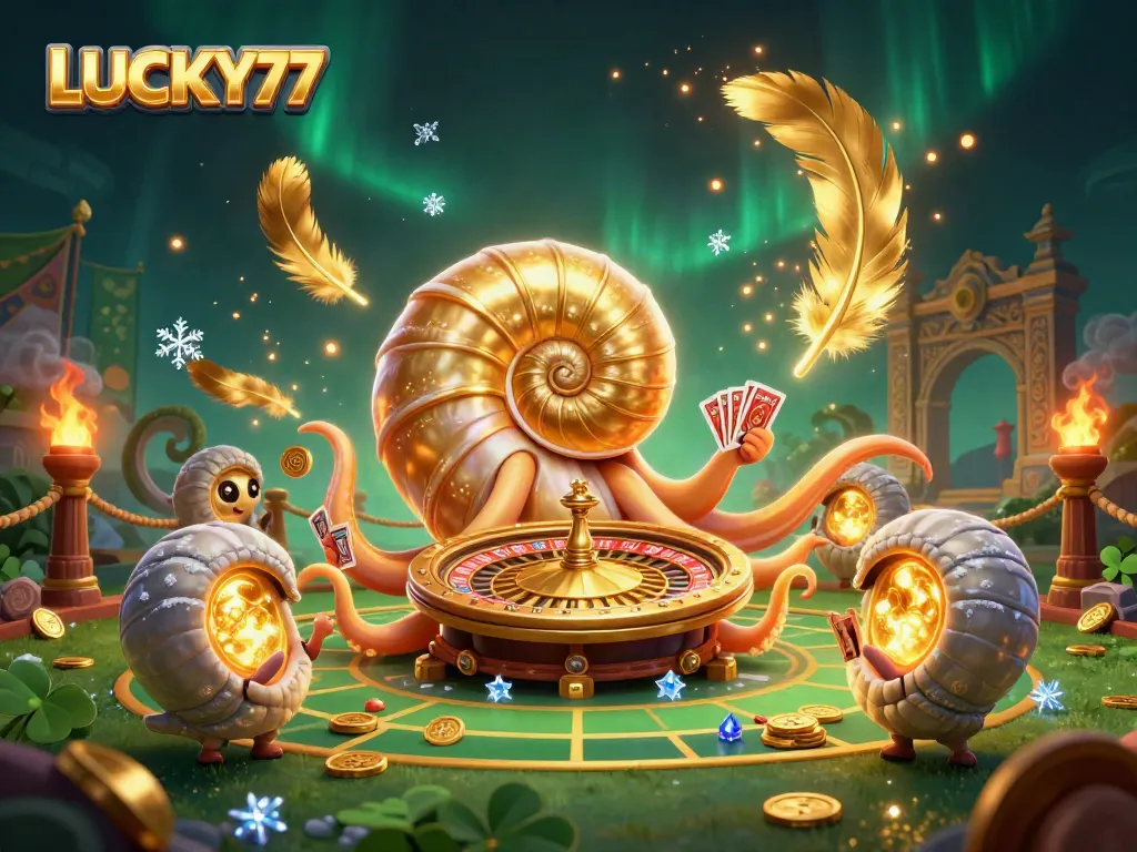 Experience the thrill of LUCKY77 with a vibrant casino adventure featuring a giant nautilus and golden tokens.