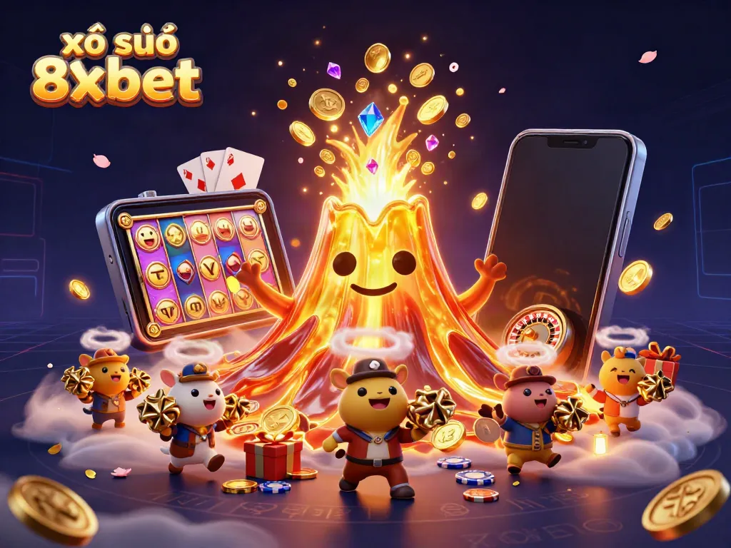 Experience the thrill of xổ số 8xbet with vibrant treasures erupting from a golden volcano.