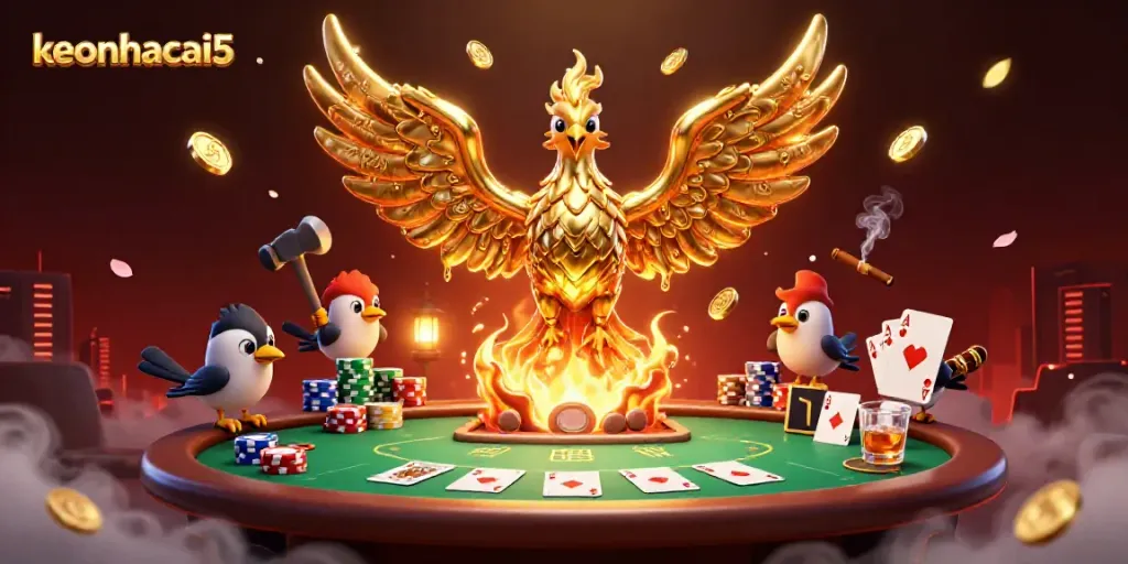 Experience keonhacai5 with vibrant casino elements and a golden phoenix, immersing in live betting.