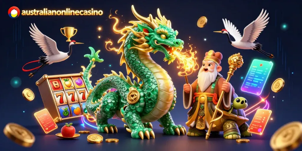 Experience thrilling wins at australianonlinecasino with rich visual elements highlighting slot games, dragons, and lucky cranes.