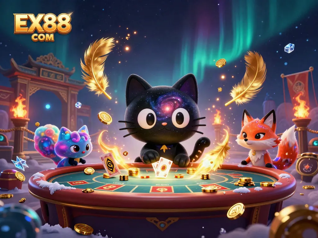 Engage with the colorful EX88 COM casino universe featuring a black hole cat and nebula fox.