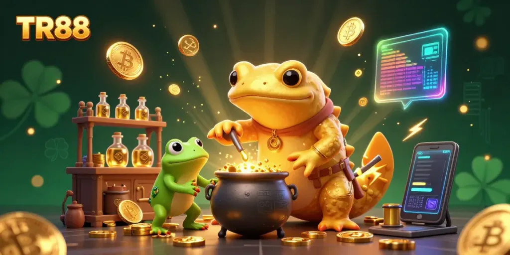 Experience TR88's vibrant online gaming scene with gold coins and colorful crypto elements.