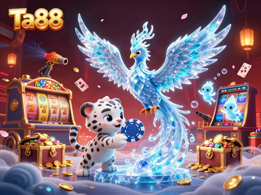 Engage with Ta88's exhilarating casino world featuring a vibrant ice phoenix, poker elements, and enchanting sprites.
