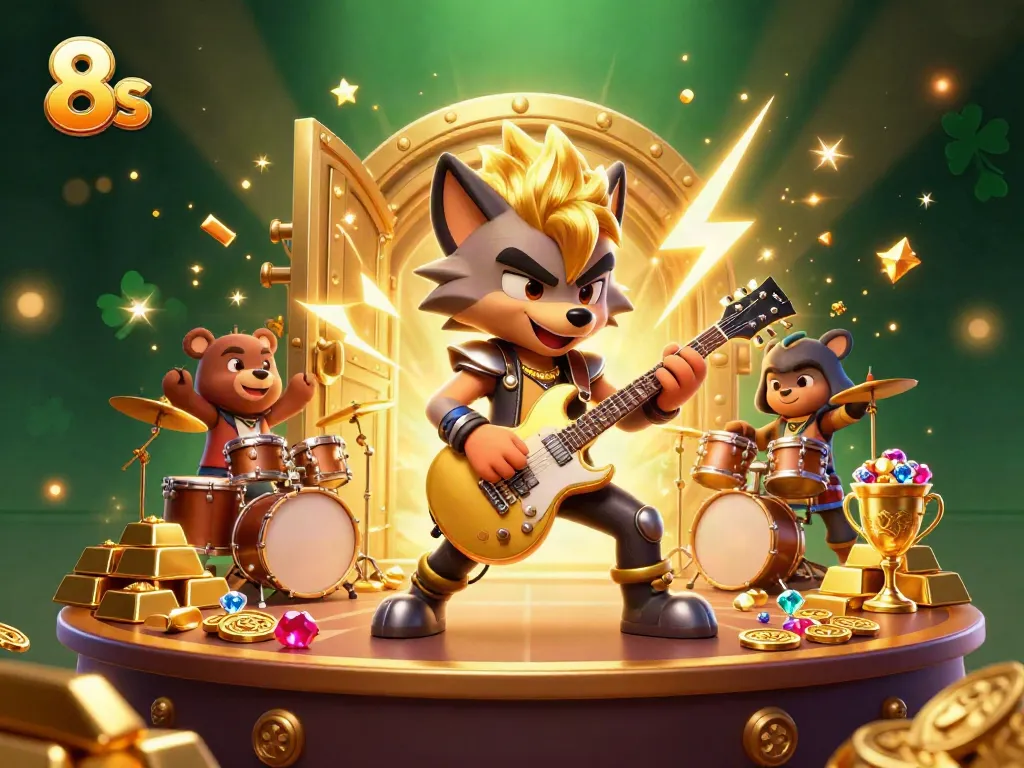 Experience thrilling games at 8s, featuring vibrant casino elements around rock star characters.