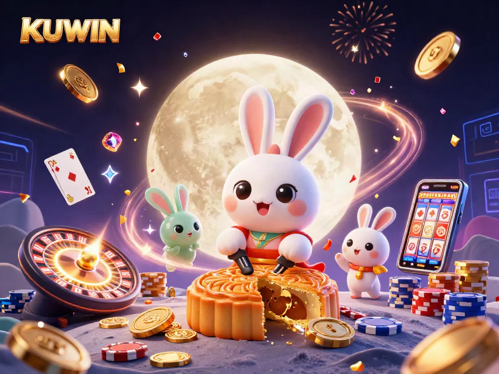 Engage with KUWIN's exciting lunar casino experience featuring the moon rabbit and poker chips.