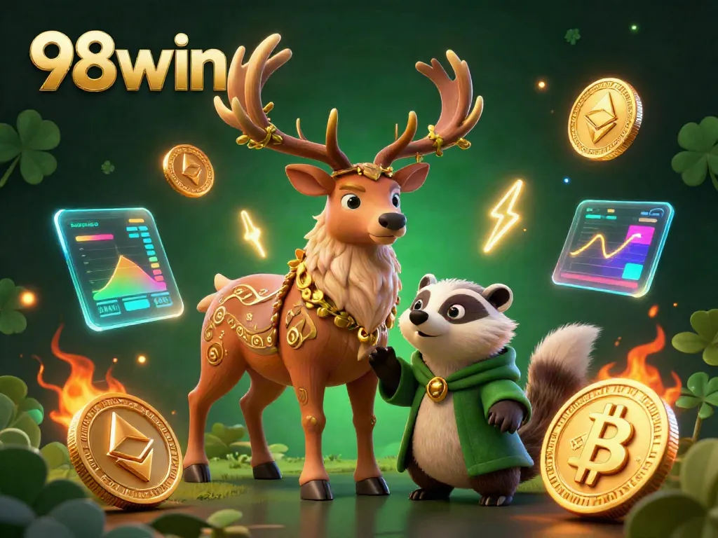Experience the excitement of 98win through an immersive 3D casino illustration featuring enchanting characters and vibrant gaming elements.