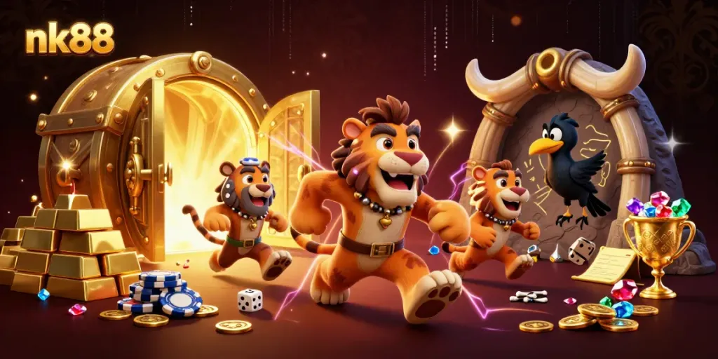 Experience exhilarating gaming at nk88's prehistoric casino featuring a caveman duo and treasures.