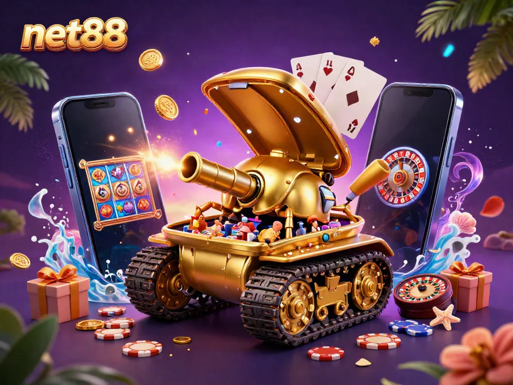 Engage with net88's vibrant casino experience inside a massive golden beetle tank, featuring a dynamic gaming scene.