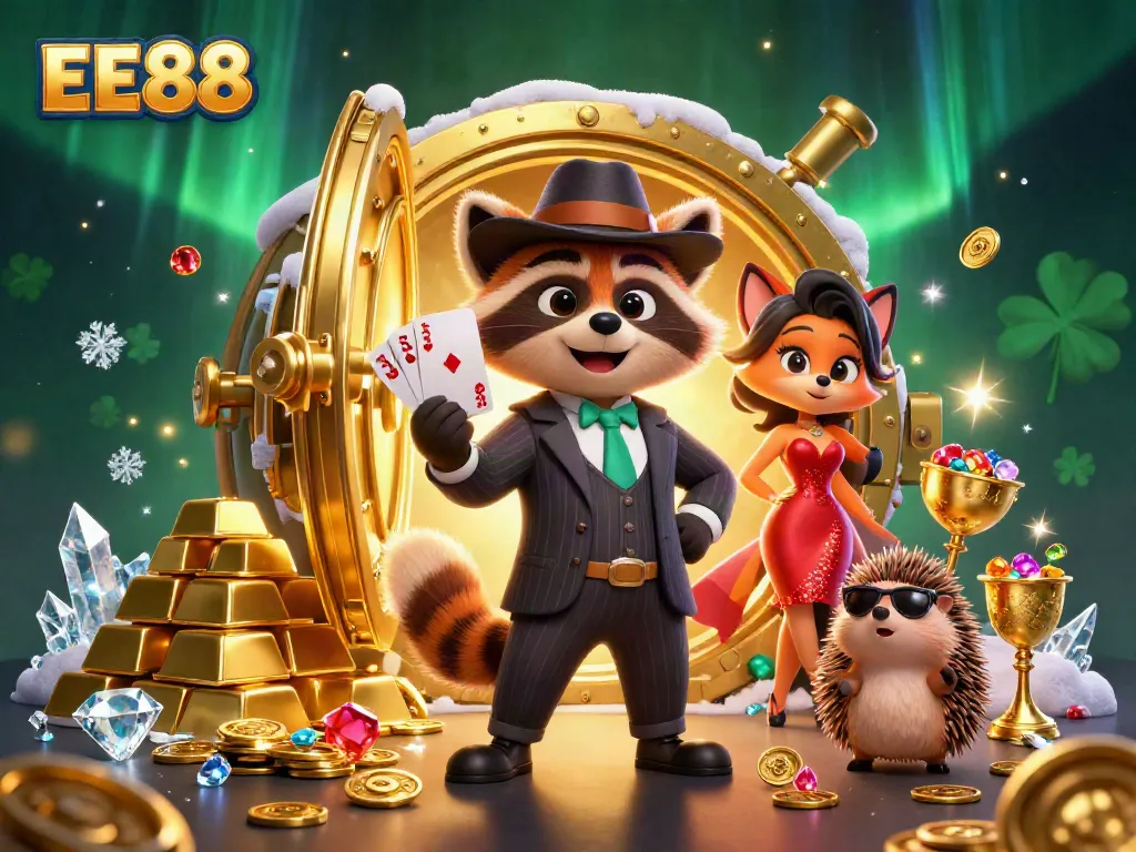Experience thrilling games at EE88, featuring characters in a vibrant casino setting.