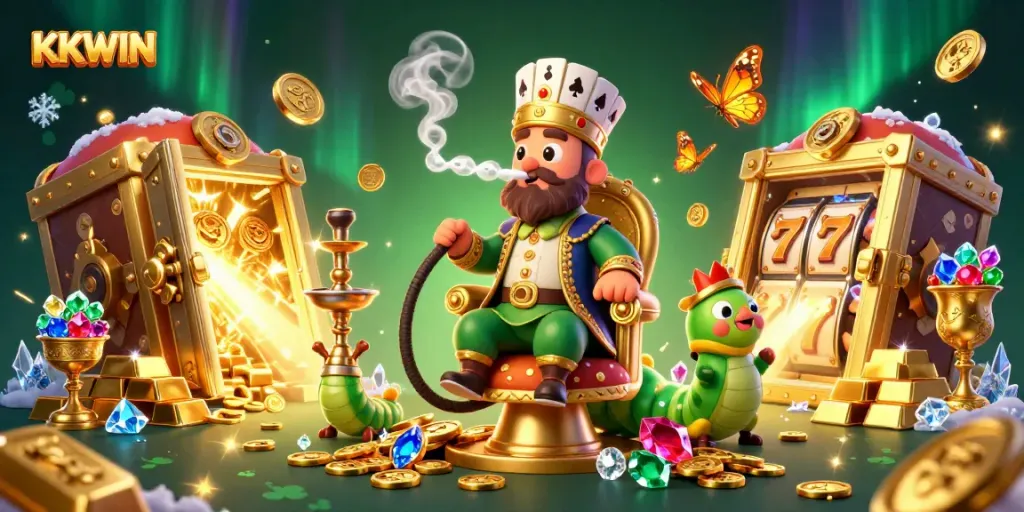 KKWIN showcases a lavish casino scene with slot reels, golden treasures, and vibrant colors.