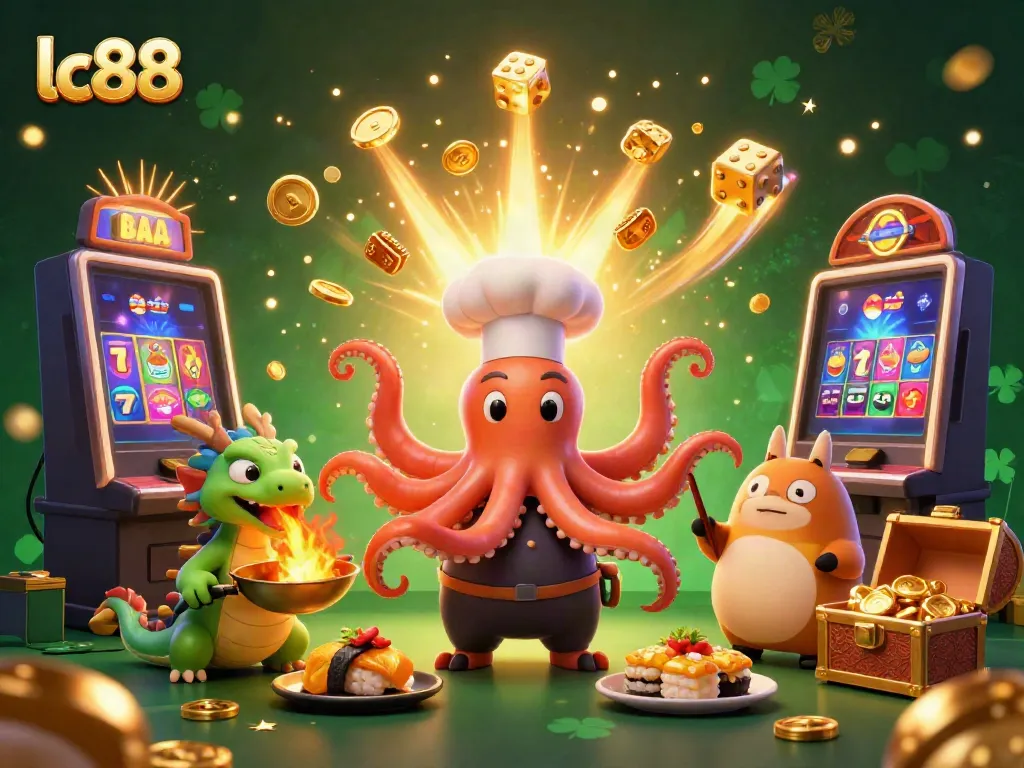 Experience excitement at lc88 with a vibrant illustration showcasing an octopus chef, dragon, and tanuki in a bustling casino theme.